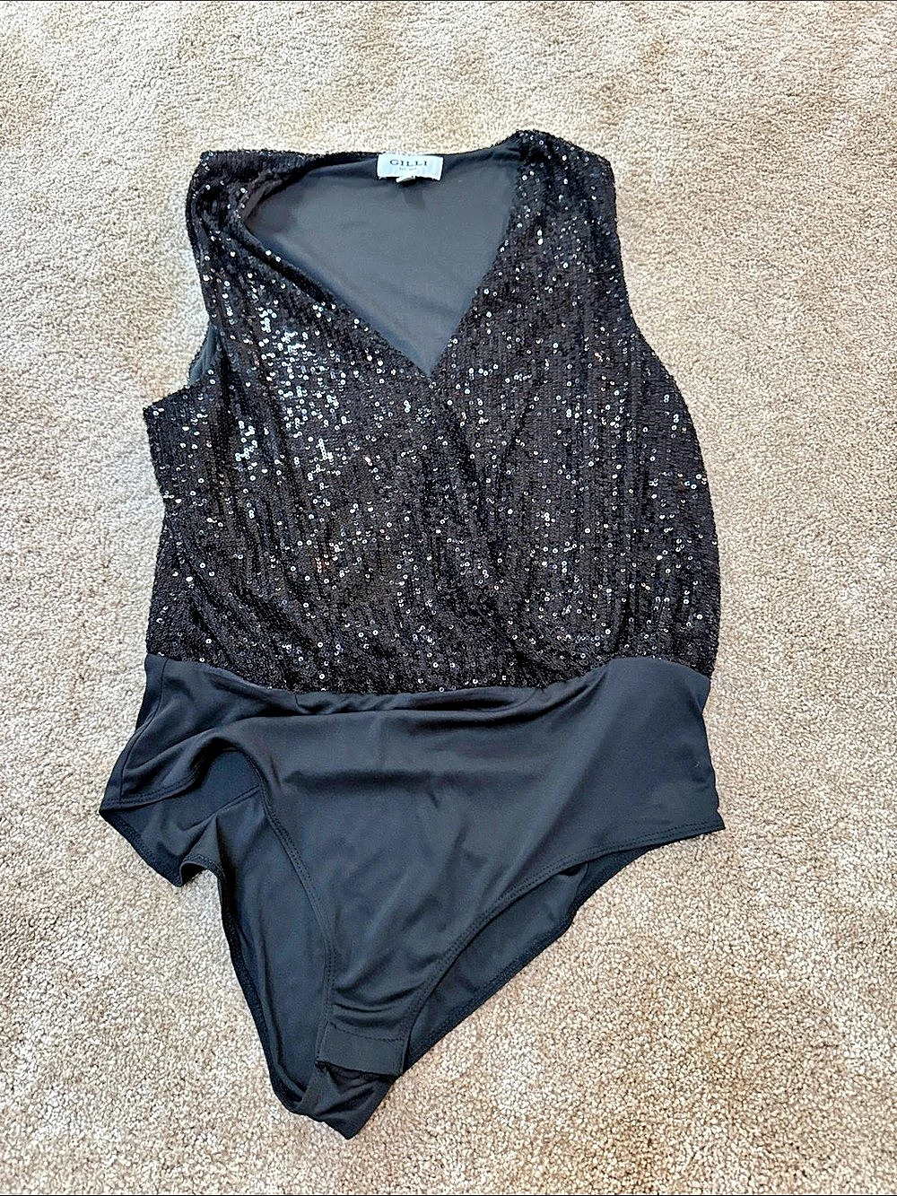 GILLI Sequin Sleeveless Faux Wrap Bodysuit Black Medium